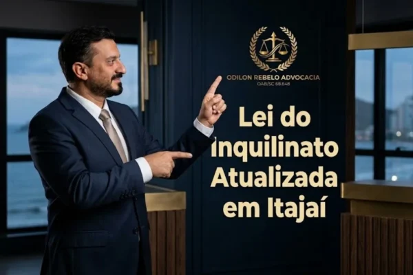 Dr. Fabiano Odilon Rebelo apresentando o guia prático sobre a Lei do Inquilinato atualizada em Itajaí