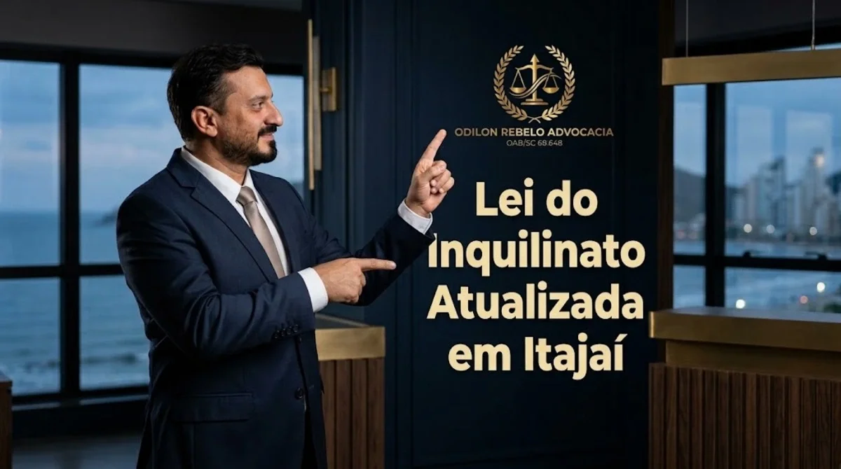 Dr. Fabiano Odilon Rebelo apresentando o guia prático sobre a Lei do Inquilinato atualizada em Itajaí
